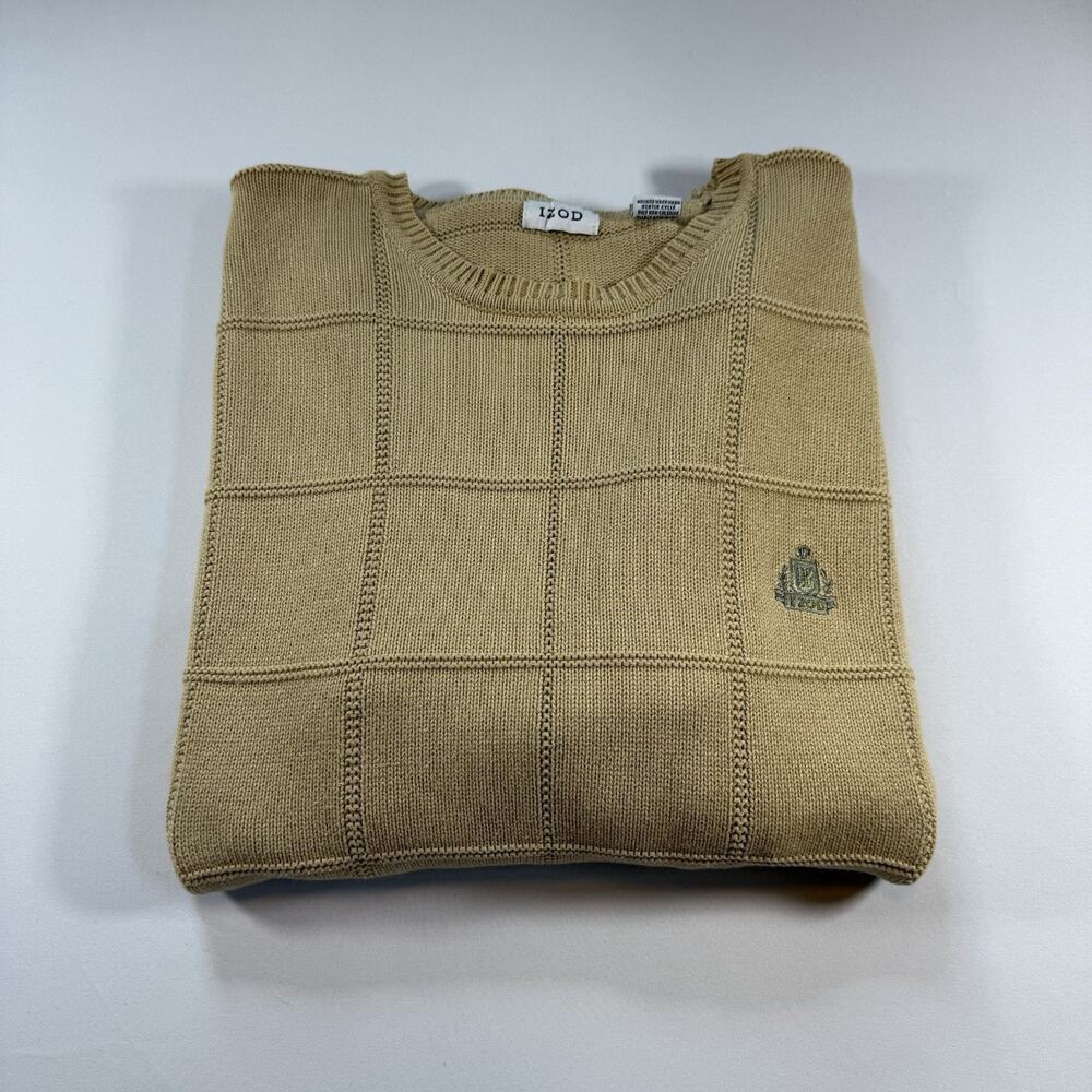 Izod Vtg 90s Knit Crew Neck Preppy Plaid Collegiate Sweater - Beige Mens X-Large
